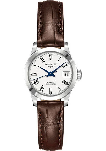 Longines Record collection Watch - 26 mm Steel Case - White Roman Dial - Brown Alligator Strap - L2.320.4.11.2