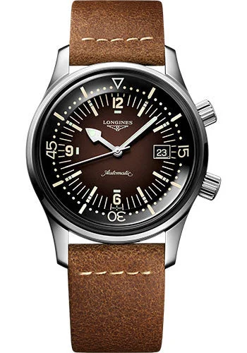 Longines Legend Diver Watch Automatic Watch - 42 mm Steel Case - Brown Arabic Dial - Brown Leather Strap - L3.774.4.60.2