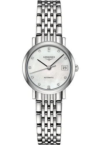 Longines Elegant Collection Watch - 25.5 mm Steel Case - White Mother-Of-Pearl Diamond Dial - Bracelet - L4.309.4.87.6