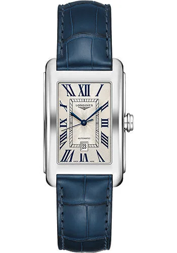 Longines DolceVita Automatic Watch - 27.70 X 43.8 mm Steel Case - Silver FlinquŽ Roman Dial - Blue Alligator Strap - L5.757.4.71.9