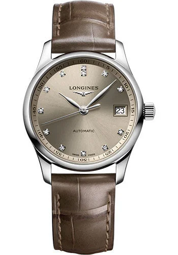 Longines Master Collection Automatic Watch - 34 mm Steel Case - Beige Diamond Dial - Beige Alligator Leather Strap - L2.357.4.07.2