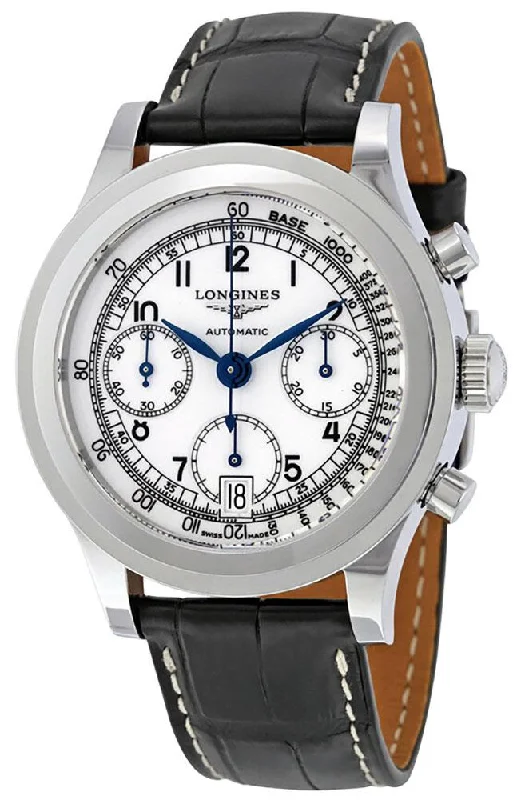 Longines Heritage Automatic Chronograph Stainless Steel Black Leather Strap White Dial Date Mens Watch L2.768.4.13.2