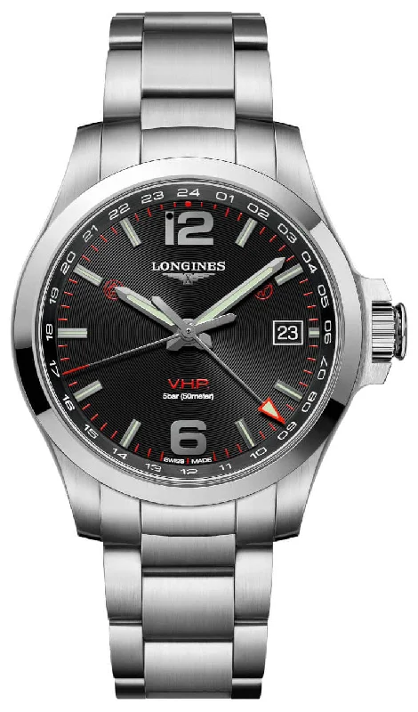 Longines Conquest V.H.P. GMT Stainless Steel Black Dial Perpetual Calendar Date Quartz Mens Watch L3.718.4.56.6