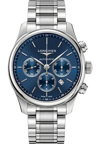 Longines Master Collection Chronograph Small Seconds Watch - 44 mm Steel Case - Blue Dial - Bracelet - L2.859.4.92.6