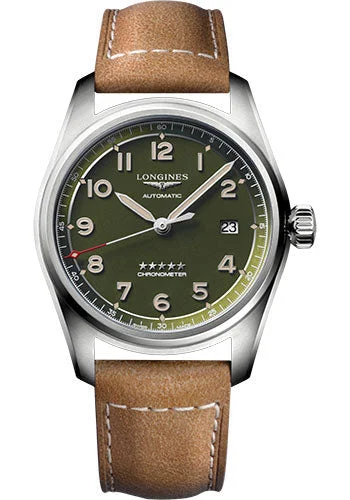 Longines Spirit Automatic Watch - 40 mm Steel Case - Green Arabic Dial - Brown Strap - L3.810.4.03.2