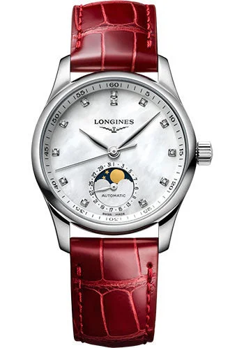 Longines Master Collection Moon Phase Automatic Watch - 34 mm Steel Case - White Mother-Of-Pearl Diamond Dial - Red Alligator Strap - L2.409.4.87.2