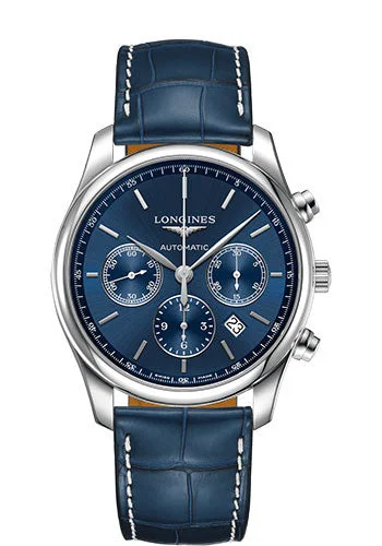 Longines Master Collection Chronograph Small Seconds Watch - 42 mm Steel Case - Blue Dial - Blue Alligator Strap - L2.759.4.92.0