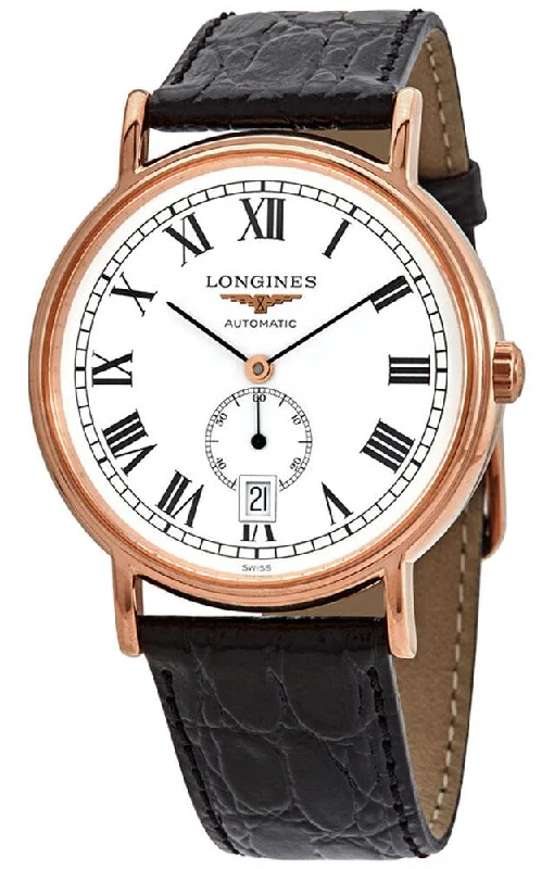 Longines Presence Automatic Rose Gold PVD White Dial Black Leather Strap Date Mens Watch L4.805.1.11.2