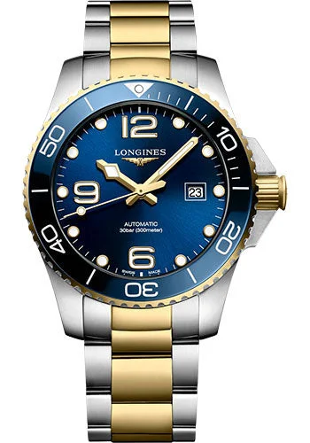 Longines HydroConquest Automatic Watch - 43 mm Steel And Ceramic Case - Blue Arabic Dial - Steel And Yellow PVD Bracelet - L3.782.3.96.7