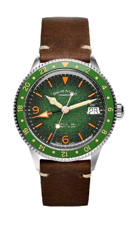 Armand Nicolet Men's Watch VS1 GMT 38mm Green Brown A506AVAA-VS-BP19500MAC