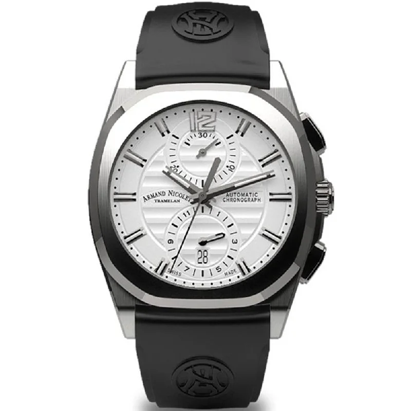 Armand Nicolet Men's Chronograph Watch J09-3 Black Rubber White A668AAA-AG-GG4710N