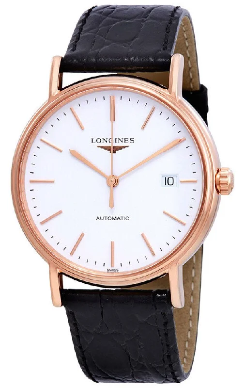 Longines Presence Automatic Rose Gold PVD White Dial Black Leather Strap Date Mens Watch L4.921.1.12.2