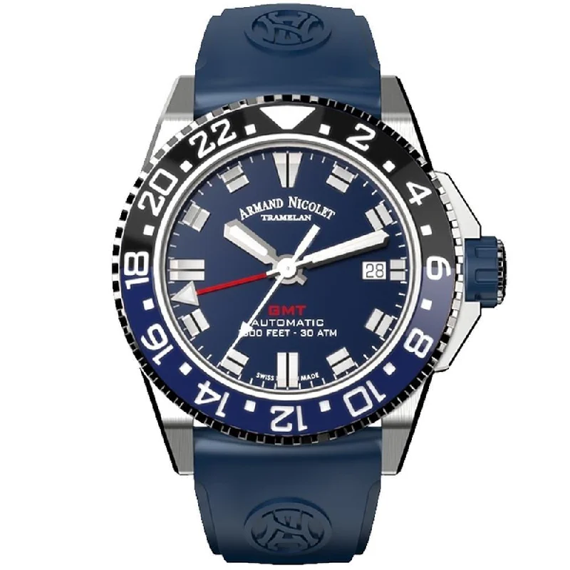 Armand Nicolet JS9-41 GMT Stainless Steel Black and Blue Ceramic Bezel