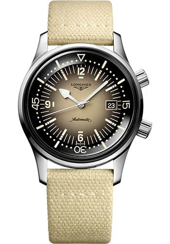 Longines Legend Diver Watch Automatic Watch - 42 mm Steel Case - Beige Arabic Dial - Beige Synthetic Strap - L3.774.4.30.2