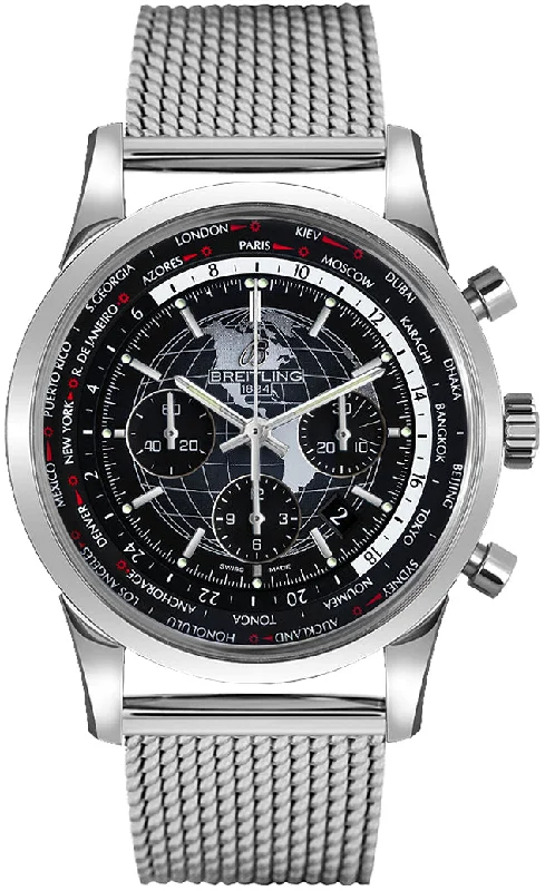 Breitling Transocean Chronograph Unitime World Time Automatic Chronometer Black Dial