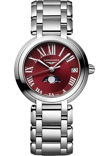 Longines PrimaLuna Moon Phase Quartz Watch - 30.5 mm Steel Case - Bordeaux Roman Dial - Bracelet - L8.115.4.92.6