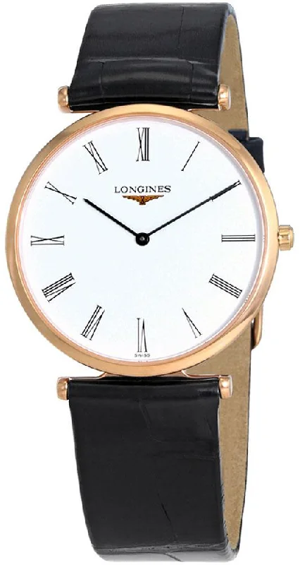 Longines La Grande Classique Rose Gold PVD White Dial Black Leather Strap Quartz Mens Watch L4.709.1.91.2