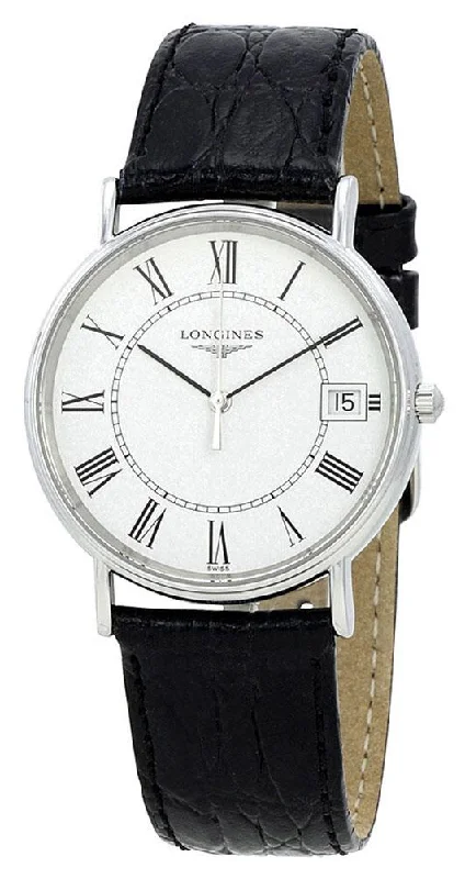 Longines Presence Stainless Steel White Dial Black Leather Strap Date Quartz Mens Watch L4.819.4.11.2