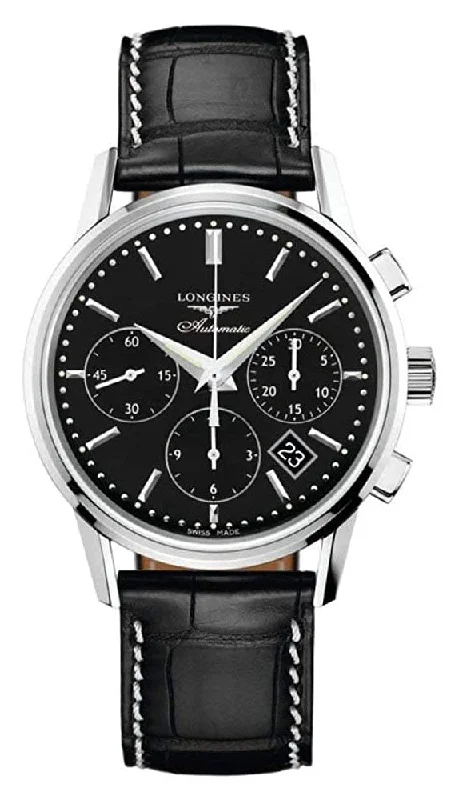 Longines Heritage Automatic Chronograph Stainless Steel Black Dial Black Leather Strap Date Mens Watch L2.749.4.52.0