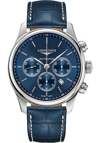 Longines Master Collection Chronograph Small Seconds Watch - 44 mm Steel Case - Blue Dial - Blue Alligator Strap - L2.859.4.92.0