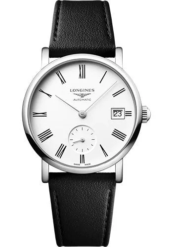 Longines Elegant Collection Small Seconds Automatic Watch - 34.5 mm Steel Case - White Roman Dial - Black Strap - Vegetable Material Bracelet - L4.312.4.11.0