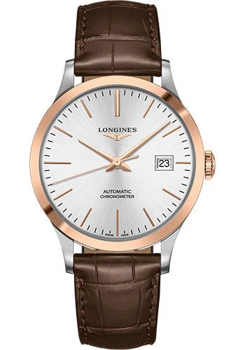 Longines Record collection Watch - 40 mm Steel And 18K Pink Gold Cap 200 Case - Silver Dial - Brown Alligator Strap - L2.821.5.72.2