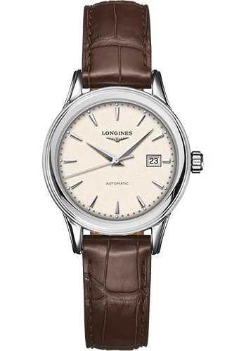 Longines Flagship Automatic Watch - 30 mm Steel Case - Beige Dial - Brown Strap - L4.374.4.79.2