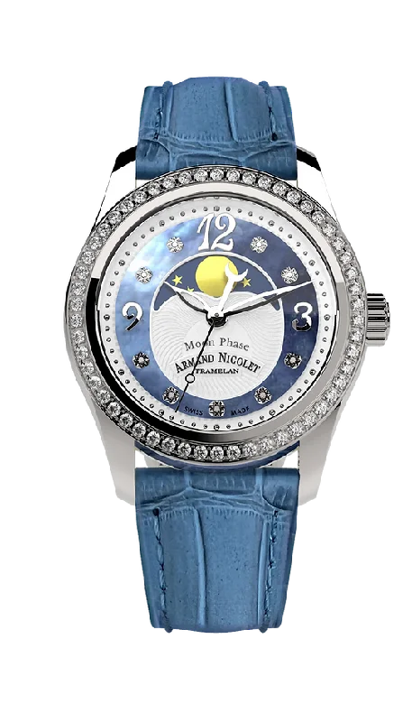 Armand Nicolet Ladies Watch M03 Moonphase 34mm Silver Blue A151TAA-AK-P882LV8