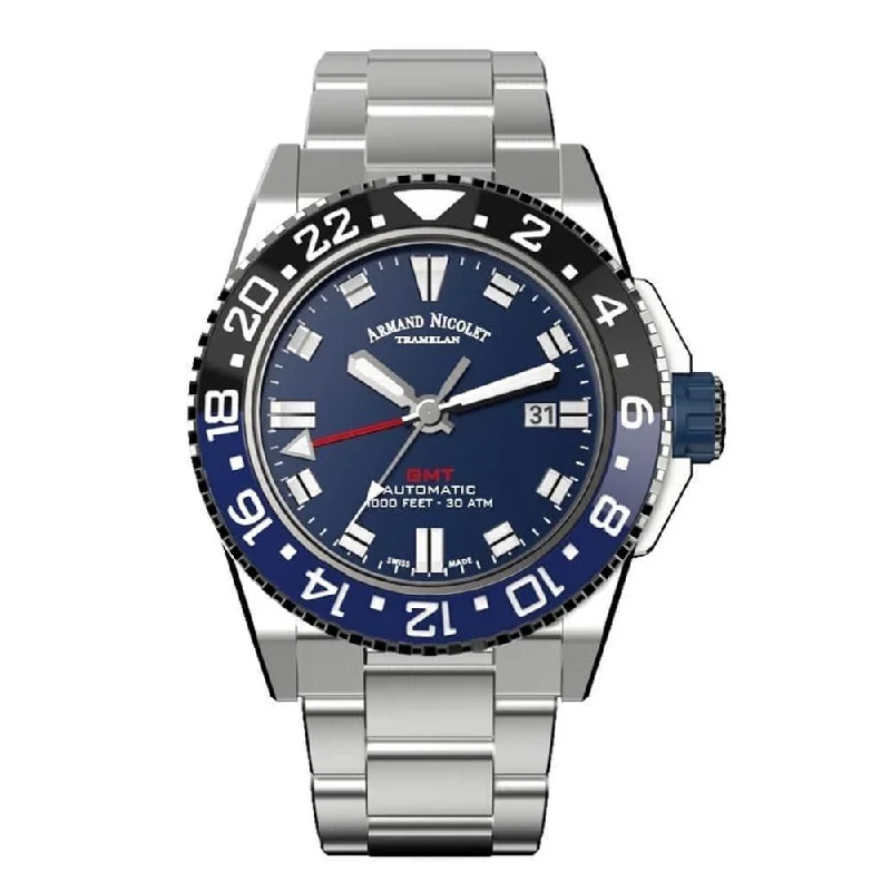 Armand Nicolet JS9-44 GMT Blue Stainless Steel Black and Blue Bezel