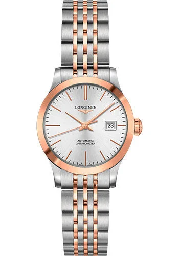 Longines Record Collection Automatic Watch - 30 mm Steel And Pink Gold Case - Silver Dial - Steel And Pink Gold Cap 200 Bracelet - L2.321.5.72.7