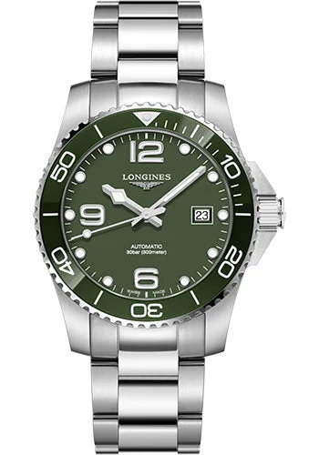 Longines HydroConquest Automatic Watch - 41 mm Steel And Ceramic Case - Green Arabic Dial - Steel Bracelet - L3.781.4.06.6