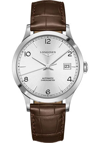 Longines Record collection Watch - 40 mm Steel Case - Silver Arabic Dial - Brown Alligator Strap - L2.821.4.76.2