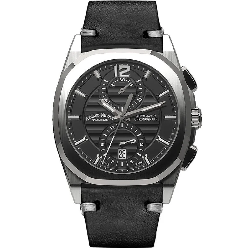 Armand Nicolet Men's Chronograph Watch J09-3 Black Leather Black A668AAA-NR-PK4140NR