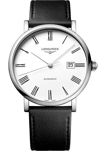 Longines Elegant Collection Automatic Watch - 41 mm Steel Case - White Roman Dial - Black Strap - Vegetable Material Bracelet - L4.911.4.11.2