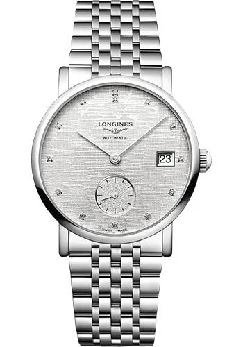 Longines Elegant Collection Small Seconds Automatic Watch - 34.5 mm Steel Case - Striped Silver Diamond Dial - Bracelet - L4.312.4.77.6