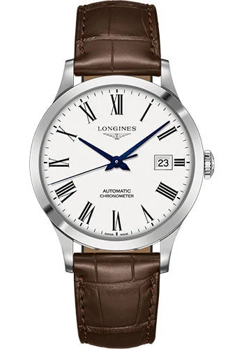 Longines Record collection Watch - 40 mm Steel Case - White Roman Dial - Brown Alligator Strap - L2.821.4.11.2