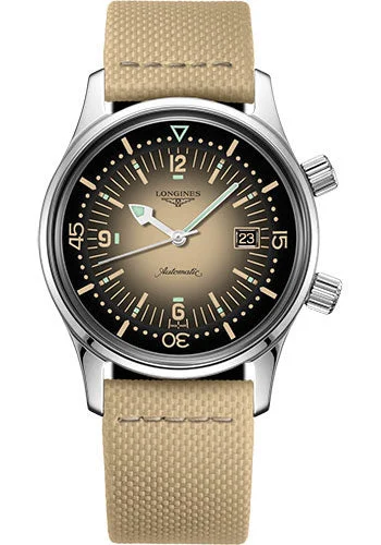 Longines Legend Diver Watch Automatic Watch - 36 mm Steel Case - Beige Arabic Dial - Beige Synthetic Strap - L3.374.4.30.2