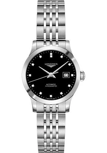 Longines Record collection Watch - 30 mm Steel Case - Black Diamond Dial - Bracelet - L2.321.4.57.6