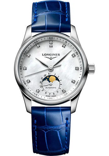 Longines Master Collection Moon Phase Automatic Watch - 34 mm Steel Case - White Mother-Of-Pearl Diamond Dial - Blue Alligator Strap - L2.409.4.87.0