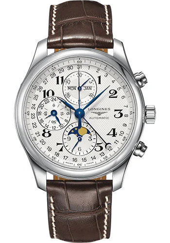 Longines Master Collection Moon Phase Chronograph Small Seconds Watch - 42 mm Steel Case - Silver Barleycorn Arabic Dial - Brown Alligator Strap - L2.773.4.78.3