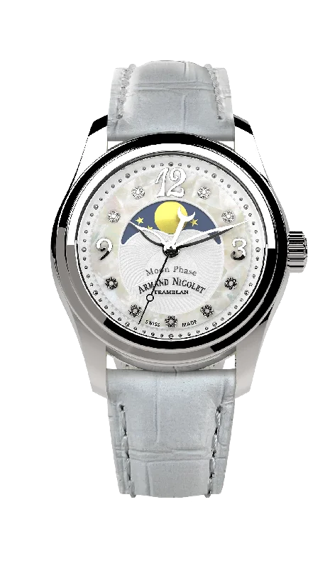 Armand Nicolet Ladies Watch M03 Moonphase 34mm White Silver A151QAA-AN-P882BC8