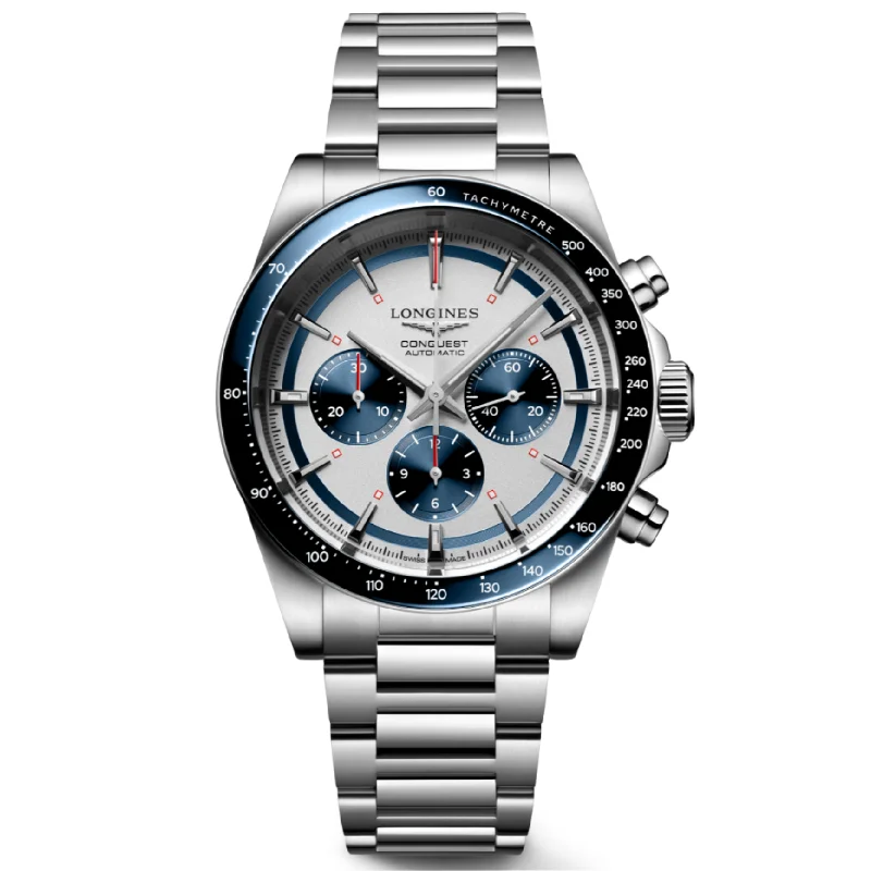 Longines Conquest Chronograph Silver Matt & Blue Dial Men 42mm