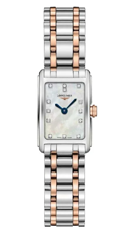 Longines DolceVita Stainless Steel & Rose Gold Mother-Of-Pearl Dial Diamonds Rectangle Quartz Womens Watch L5.258.5.87.7