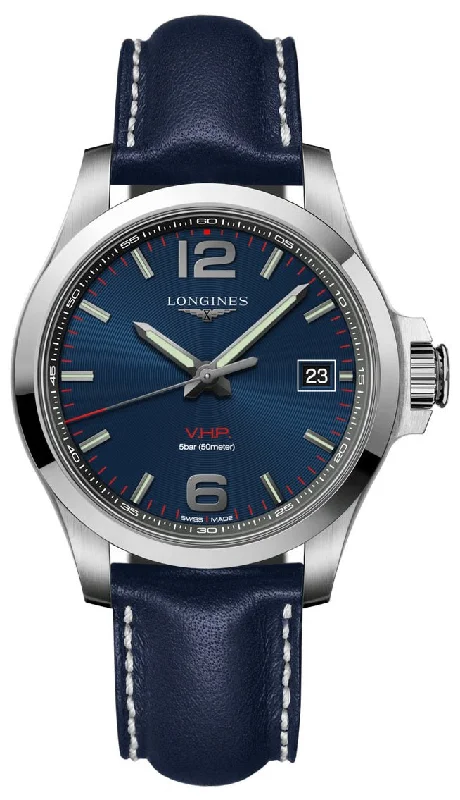 Longines Conquest V.H.P. Stainless Steel Blue Dial Blue Leather Strap Perpetual Calendar Date Quartz Mens Watch L3.716.4.96.0