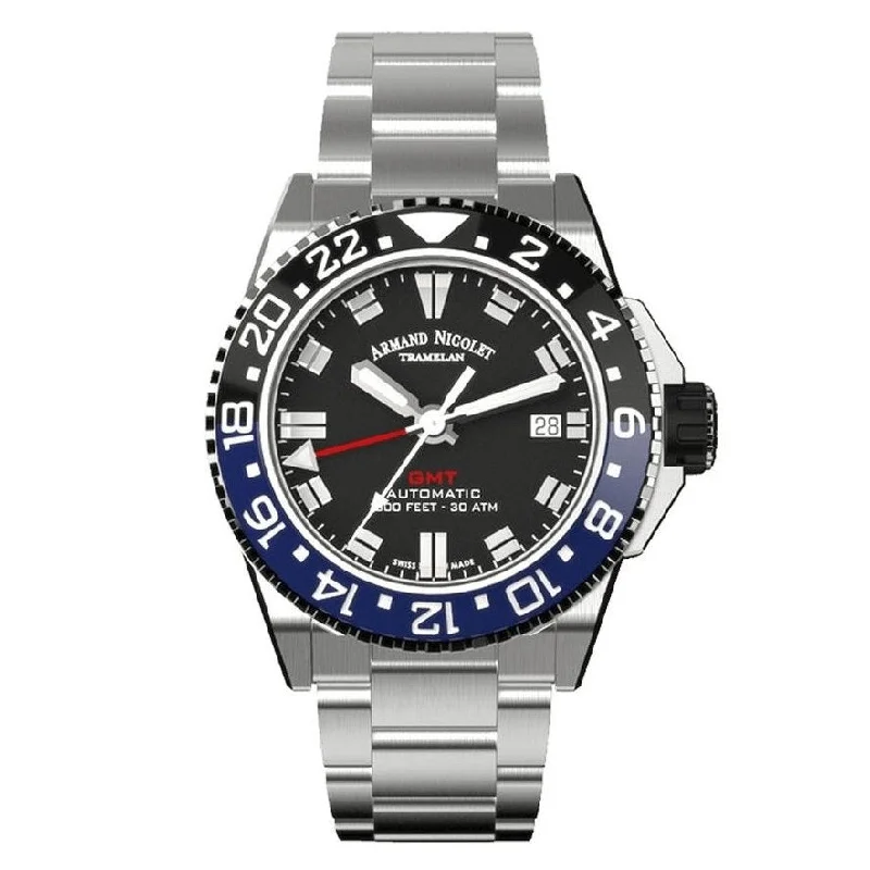 Armand Nicolet JS9-41 GMT Stainless Steeln Black and Blue Bezel