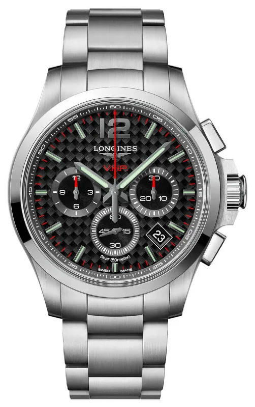 Longines Conquest V.H.P. Chronograph Stainless Steel Black Dial Perpetual Calendar Date Quartz Mens Watch L3.717.4.66.6