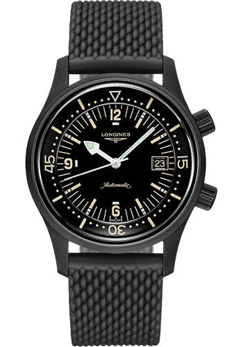 Longines Legend Diver Watch Watch - 42 mm Black PVD Case - Black Arabic Dial - Rubber Strap - L3.774.2.50.9