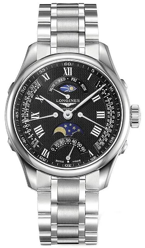 Longines Master Collection Automatic Stainless Steel Black Dial Moonphase Dual Time Zone Day/Date Retrograde Mens Watch L2.738.4.51.6