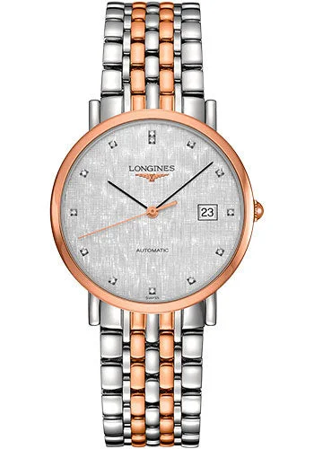 Longines Elegant Collection Automatic Watch - 37 mm Steel And Pink Gold Case - Striped Silver Diamond Dial - Steel And Pink Gold Cap 200 Bracelet - L4.810.5.77.7