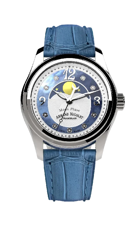 Armand Nicolet Ladies Watch M03 Moonphase 34mm Blue Silver A151QAA-AK-P882LV8